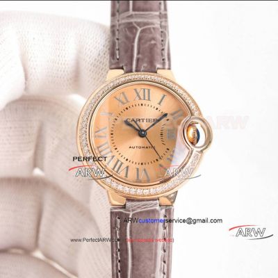 Replica Cartier Blue Balloon Rose Gold Diamond Bezel Leather Strap Watch 